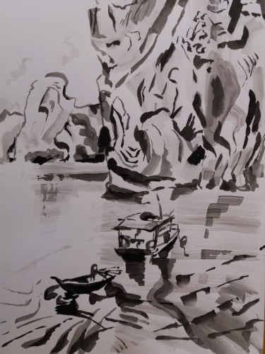 Painting titled "Along Bay 4" by Marc Declercq, Original Artwork, Ink