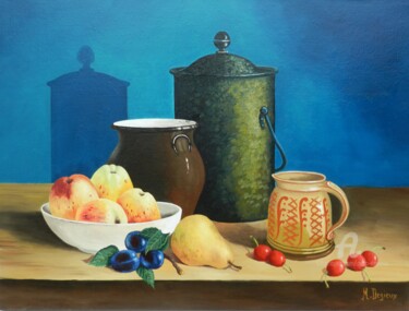 Peinture intitulée "Cruche verte et pom…" par Marc Degieux, Œuvre d'art originale, Huile