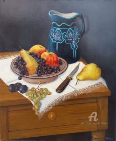 Painting titled "Cruche bleue et fru…" by Marc Degieux, Original Artwork, Oil