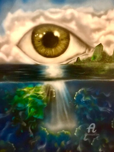 Painting titled "Oeil de dieu" by Marc Donnart, Original Artwork, Airbrush Mounted on Wood Stretcher frame