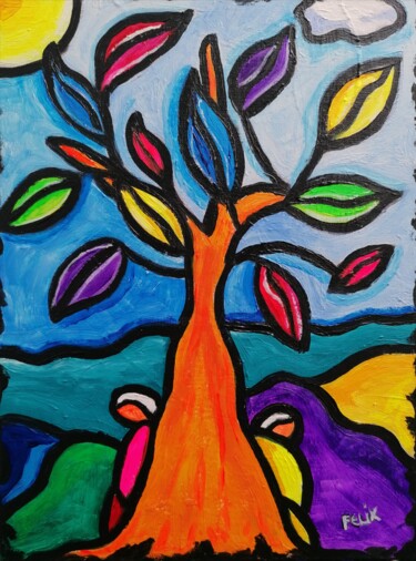 Painting titled "L arbre" by Marc Felix, Original Artwork, Acrylic Mounted on Wood Stretcher frame
