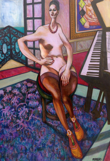 Peinture intitulée "La Leçon de Piano" par Marc Ferrero, Œuvre d'art originale, Huile