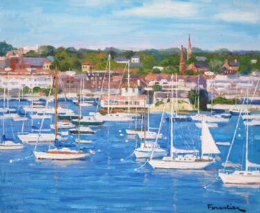Painting titled "Newport Harbor" by Marc Forestier, Original Artwork, Oil Mounted on Wood Stretcher frame