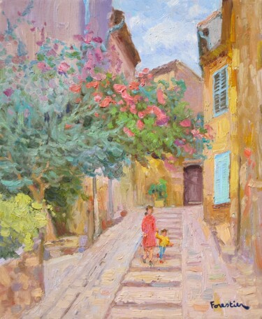 Painting titled "Street in Grimaud,…" by Marc Forestier, Original Artwork, Oil Mounted on Wood Stretcher frame