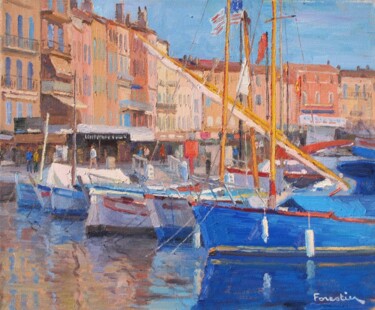 Painting titled "Boats in Saint-Trop…" by Marc Forestier, Original Artwork, Oil Mounted on Wood Stretcher frame