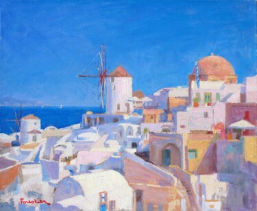 Painting titled "Oia, Santorini Isla…" by Marc Forestier, Original Artwork, Oil Mounted on Wood Stretcher frame