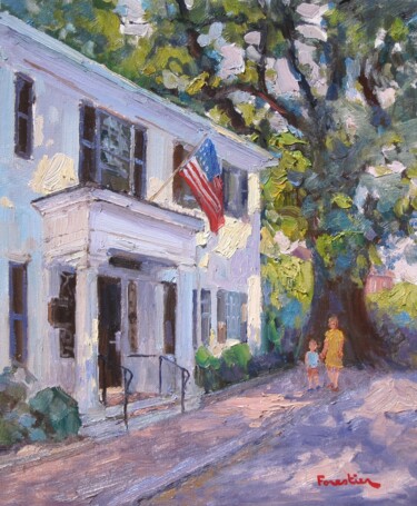 Painting titled "Street in Edgartown…" by Marc Forestier, Original Artwork, Oil Mounted on Wood Stretcher frame
