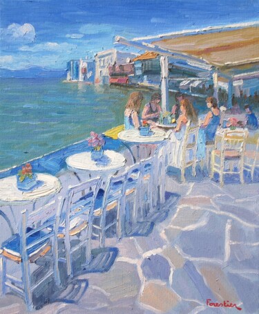 Painting titled "Seascape in Mykonos…" by Marc Forestier, Original Artwork, Oil Mounted on Wood Stretcher frame