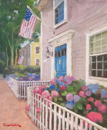 Painting titled "The Hydrangeas in N…" by Marc Forestier, Original Artwork, Oil Mounted on Wood Stretcher frame