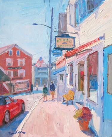 Painting titled "Street in Boothbay…" by Marc Forestier, Original Artwork, Oil Mounted on Wood Stretcher frame