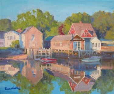 Painting titled "Sunset in Kennebunk…" by Marc Forestier, Original Artwork, Oil Mounted on Wood Stretcher frame