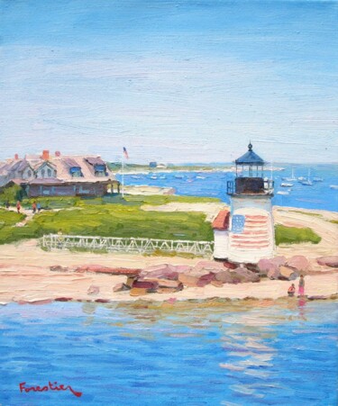 Painting titled "Brant Point Light i…" by Marc Forestier, Original Artwork, Oil Mounted on Wood Stretcher frame