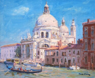 Painting titled "La Salute, Venise" by Marc Forestier, Original Artwork, Oil Mounted on Wood Stretcher frame