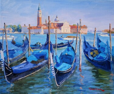 Painting titled "Gondolas in Venice" by Marc Forestier, Original Artwork, Oil Mounted on Wood Stretcher frame