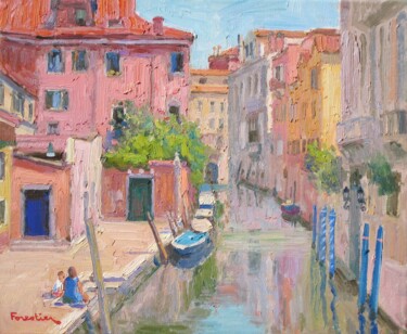 Painting titled "Along the Canal in…" by Marc Forestier, Original Artwork, Oil Mounted on Wood Stretcher frame