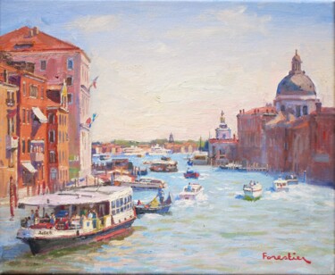 Boats in Venice, Italy Painting titled "Boats in Venice, It…" by Marc Forestier, Original Art, Oil Mounted on Stretcher frame