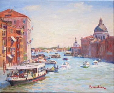 Painting titled "Boats in Venice, It…" by Marc Forestier, Original Artwork, Oil Mounted on Wood Stretcher frame