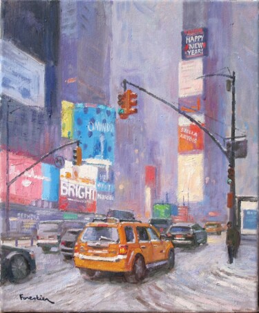 Painting titled "Snow in Times Squar…" by Marc Forestier, Original Artwork, Oil Mounted on Wood Stretcher frame