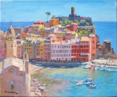 Painting titled "Vernazza, Cinque Te…" by Marc Forestier, Original Artwork, Oil Mounted on Wood Stretcher frame