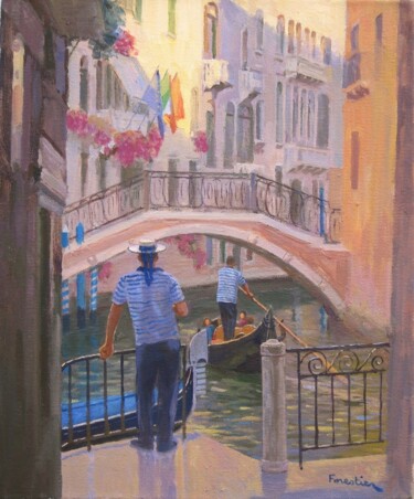 Painting titled "Gondola in Venice,…" by Marc Forestier, Original Artwork, Oil Mounted on Wood Stretcher frame