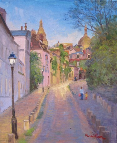 Ζωγραφική με τίτλο "Street in Montmartre" από Marc Forestier, Αυθεντικά έργα τέχνης, Λάδι Τοποθετήθηκε στο Ξύλινο φορείο σκε…