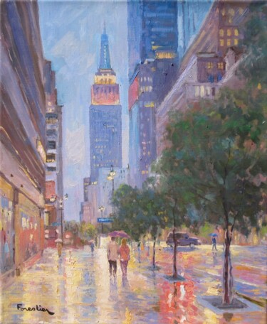 Painting titled "New York City at Ni…" by Marc Forestier, Original Artwork, Oil Mounted on Wood Stretcher frame