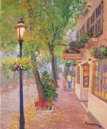 Painting titled "Street in Nantucket…" by Marc Forestier, Original Artwork, Oil Mounted on Wood Stretcher frame