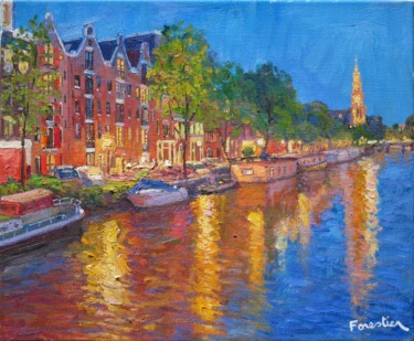 Peinture intitulée "Canal in Amsterdam…" par Marc Forestier, Œuvre d'art originale, Huile Monté sur Châssis en bois