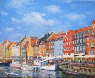 Malerei mit dem Titel "Nyhavn Harbor, Cope…" von Marc Forestier, Original-Kunstwerk, Öl Auf Keilrahmen aus Holz montiert