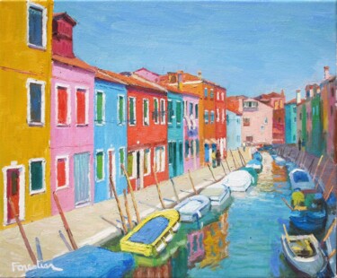 Painting titled "Canal in Burano, It…" by Marc Forestier, Original Artwork, Oil Mounted on Wood Stretcher frame