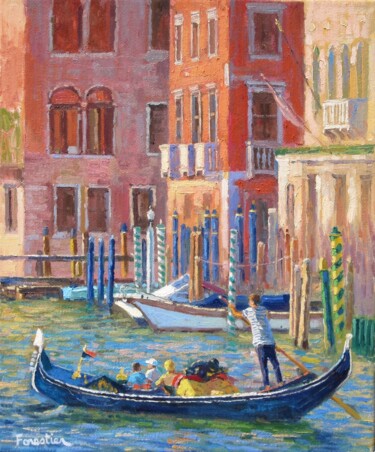 Painting titled "Gondola in Venice" by Marc Forestier, Original Artwork, Oil Mounted on Wood Stretcher frame