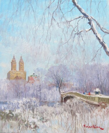 Painting titled "Central Park in Win…" by Marc Forestier, Original Artwork, Oil Mounted on Wood Stretcher frame