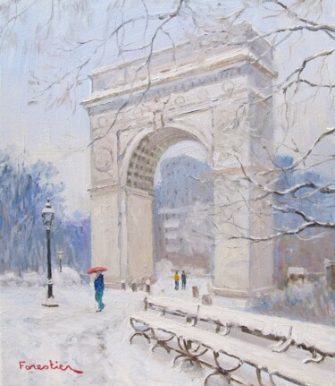 Painting titled "Winter in New York" by Marc Forestier, Original Artwork, Oil Mounted on Wood Stretcher frame
