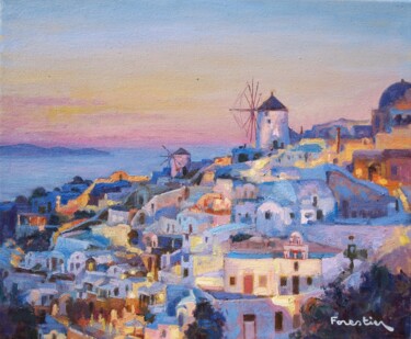 Painting titled "Sunset in Oia, Sant…" by Marc Forestier, Original Artwork, Oil Mounted on Wood Stretcher frame