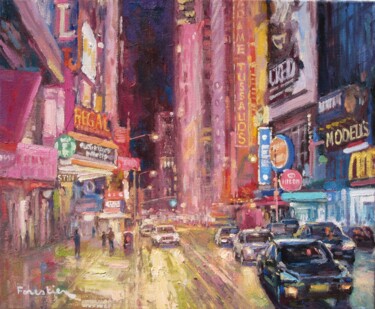 Painting titled "Times Square, New Y…" by Marc Forestier, Original Artwork, Oil Mounted on Wood Stretcher frame