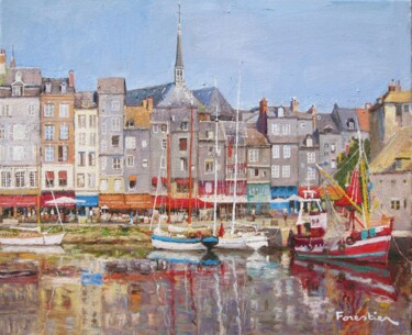 Painting titled "Boats in Honfleur" by Marc Forestier, Original Artwork, Oil Mounted on Wood Stretcher frame