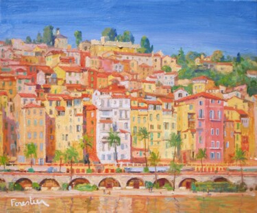 Painting titled "Menton, French Rivi…" by Marc Forestier, Original Artwork, Oil Mounted on Wood Stretcher frame