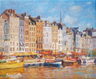 Peinture intitulée "Honfleur Harbor" par Marc Forestier, Œuvre d'art originale, Huile Monté sur Châssis en bois