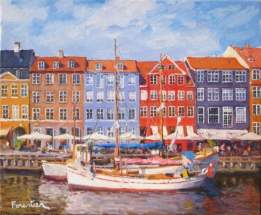 Painting titled "Nyhavn Harbor, Denm…" by Marc Forestier, Original Artwork, Oil Mounted on Wood Stretcher frame