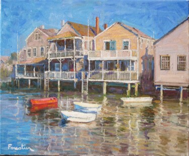 Painting titled "Boats in Nantucket" by Marc Forestier, Original Artwork, Oil Mounted on Wood Stretcher frame
