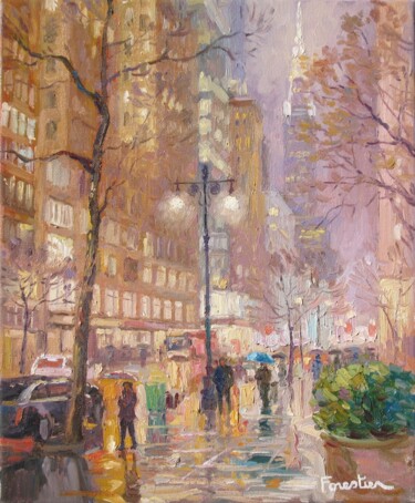 Painting titled "Rain in New York Ci…" by Marc Forestier, Original Artwork, Oil Mounted on Wood Stretcher frame