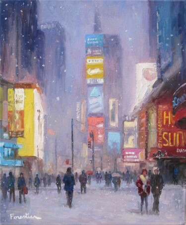 Painting titled "Snow in Times Square" by Marc Forestier, Original Artwork, Oil Mounted on Wood Stretcher frame