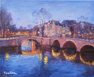 Painting titled "Amsterdam by Night" by Marc Forestier, Original Artwork, Oil Mounted on Wood Stretcher frame