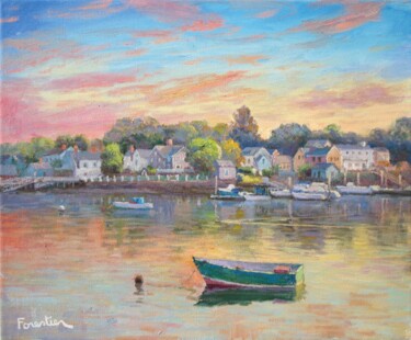 Painting titled "Sunset in Portsmouth" by Marc Forestier, Original Artwork, Oil Mounted on Wood Stretcher frame