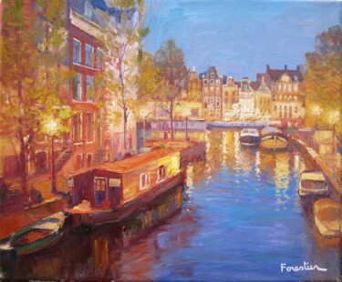 Painting titled "Canal in Amsterdam,…" by Marc Forestier, Original Artwork, Oil