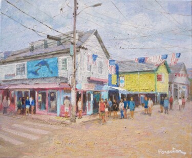 Painting titled "Street in Provincet…" by Marc Forestier, Original Artwork, Oil Mounted on Wood Stretcher frame