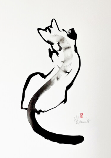 Painting titled "Chat de dos" by Marc Hanniet, Original Artwork, Ink