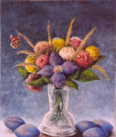 Pintura intitulada "Fleurs et Prunes /…" por Marc Haumont, Obras de arte originais, Óleo