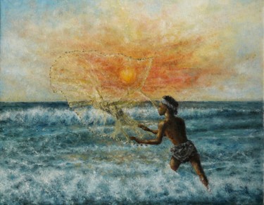 Pintura intitulada "Pêche à l'épervier…" por Marc Haumont, Obras de arte originais, Óleo