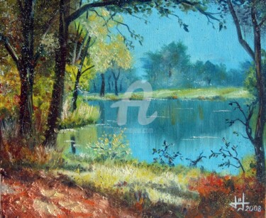 Peinture intitulée "Le lac au bout du c…" par Marc Lallemand (Markkus), Œuvre d'art originale, Huile